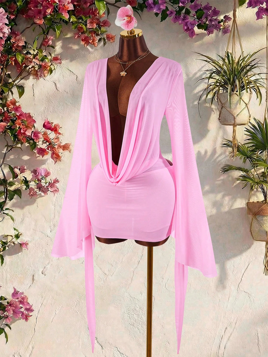 Amplova Romantic Vacation Earth Tone Low Cut Draped Neckline Flared