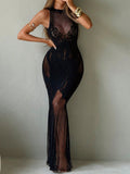 Sirith Elegant Hollow-Out Long Dress For Women Party Night Black