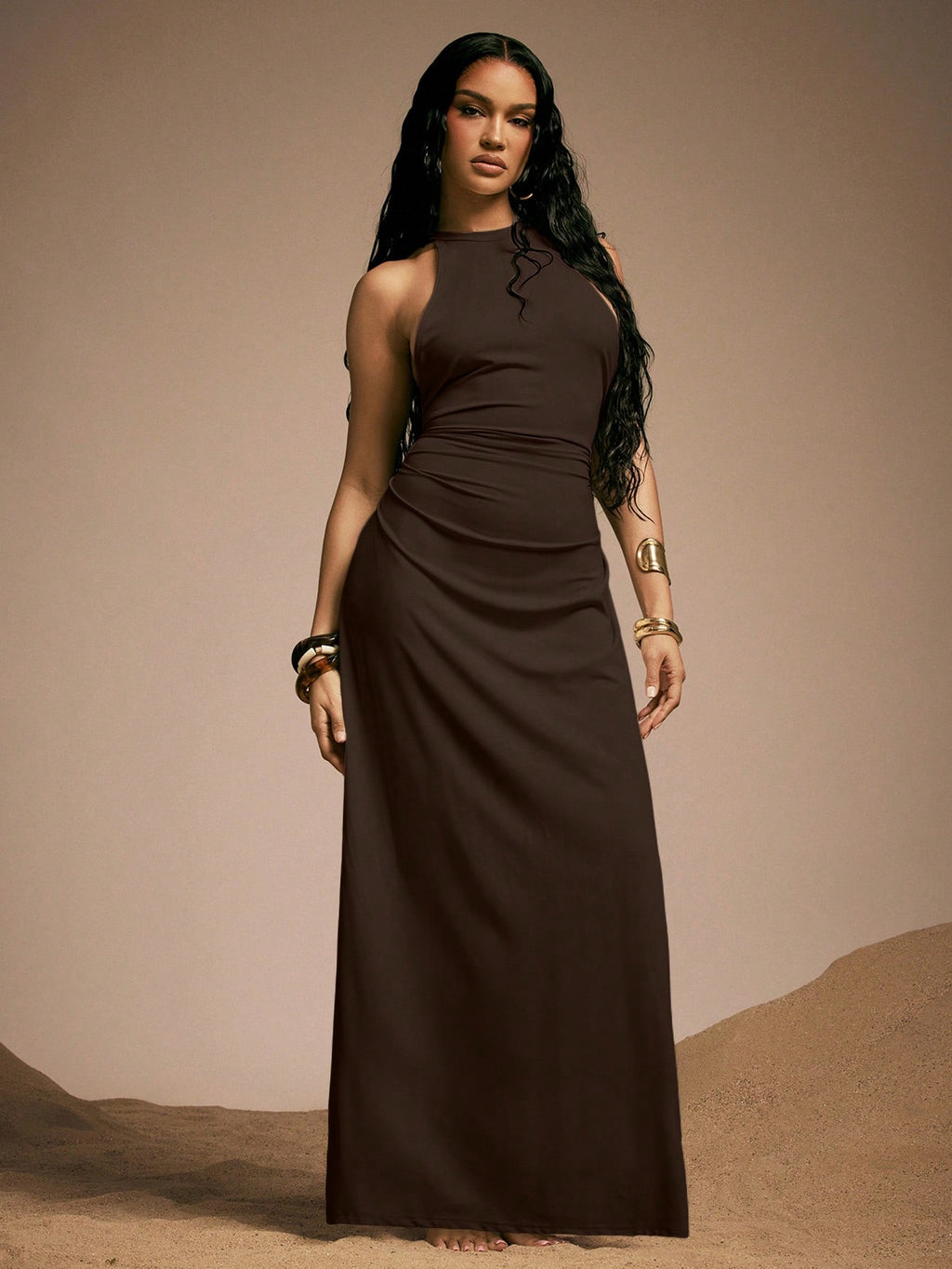 Hauture Women's Sexy High Neck Backless Maxi Dress With Bamboo Ring