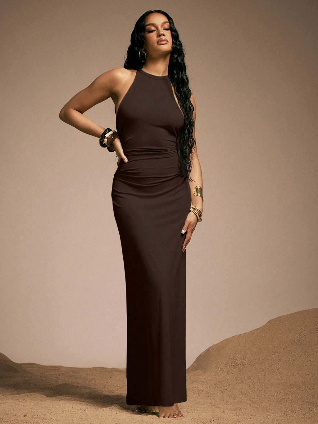 Hauture Women's Sexy High Neck Backless Maxi Dress With Bamboo Ring