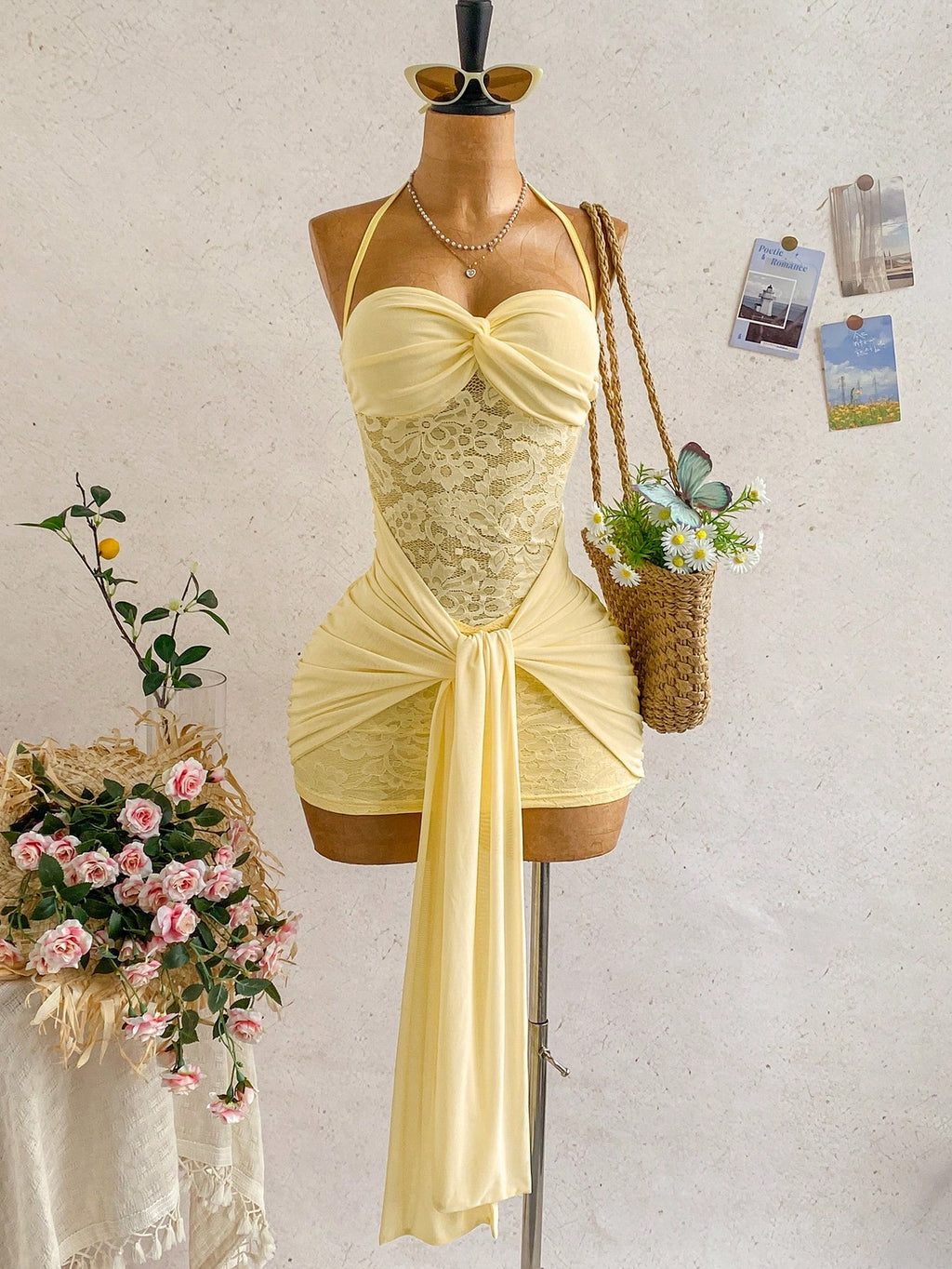 Soleia Women's Vacation Beach Solid Color Lace Patchwork Backless