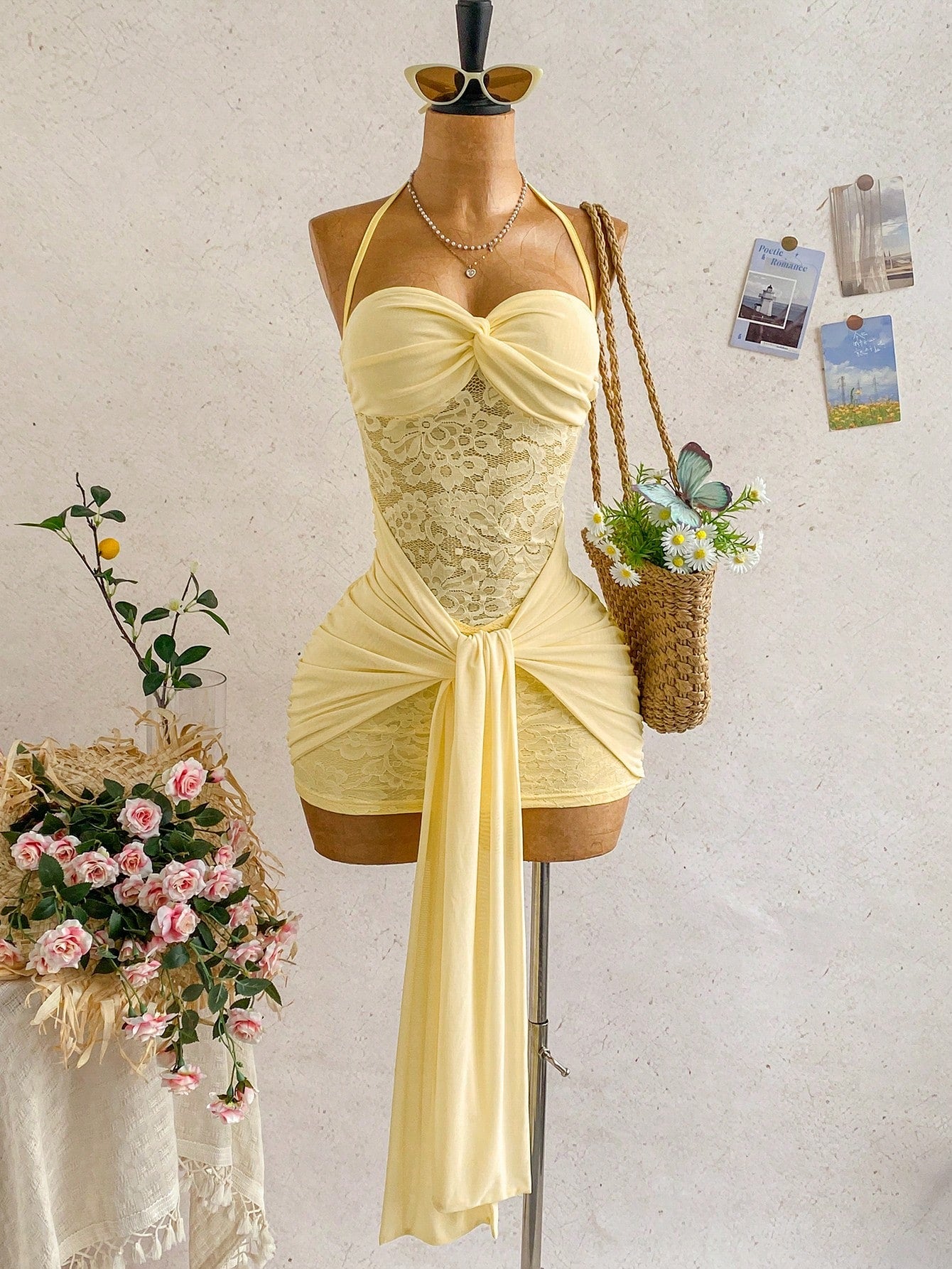 Soleia Women's Vacation Beach Solid Color Lace Patchwork Backless