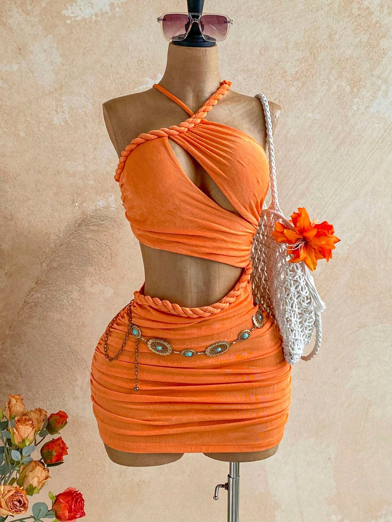 Soleia New Knitted Textured Linen Rope Hollow Out Ruched Mini Dress