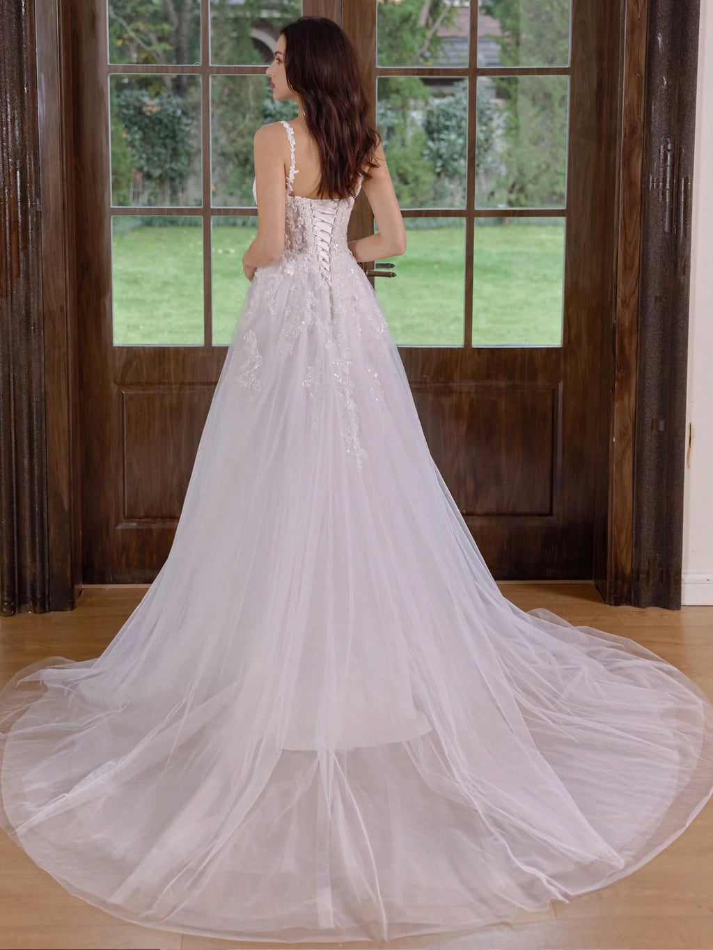 Elegant Long Formal Gown, Wedding Dress With Long Sleeves, Round Neck, Mesh Fabric, Floral Applique And - image 5