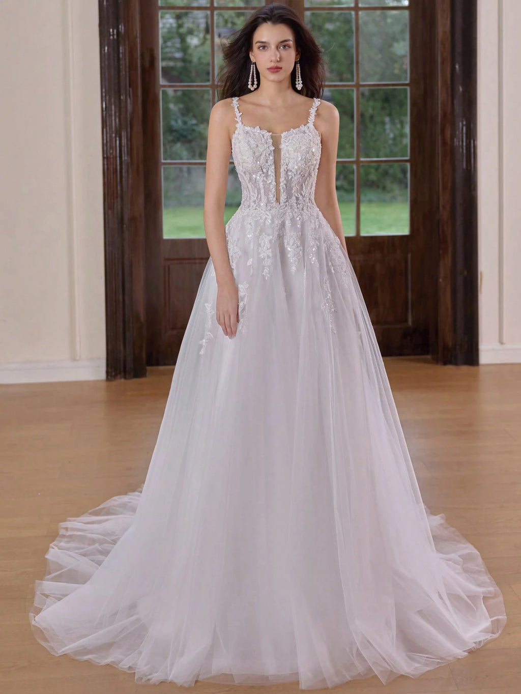 Elegant Long Formal Gown, Wedding Dress With Long Sleeves, Round Neck, Mesh Fabric, Floral Applique And - image 3