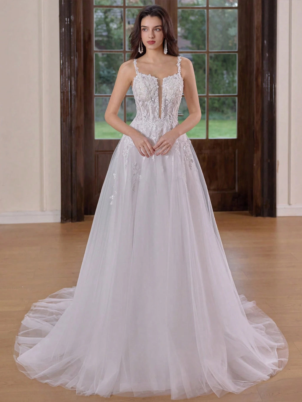Elegant Long Formal Gown, Wedding Dress With Long Sleeves, Round Neck, Mesh Fabric, Floral Applique And - image 2