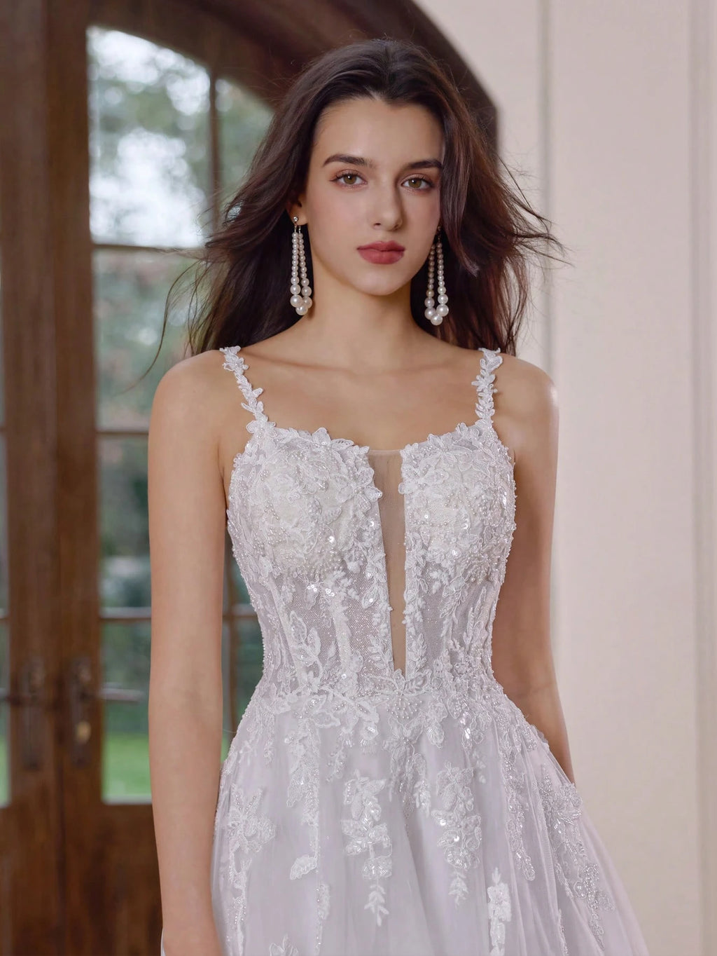 Elegant Long Formal Gown, Wedding Dress With Long Sleeves, Round Neck, Mesh Fabric, Floral Applique And - image 4