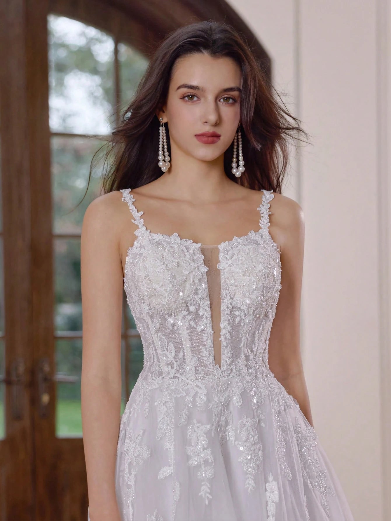 Elegant Long Formal Gown, Wedding Dress With Long Sleeves, Round Neck, Mesh Fabric, Floral Applique And - image 4