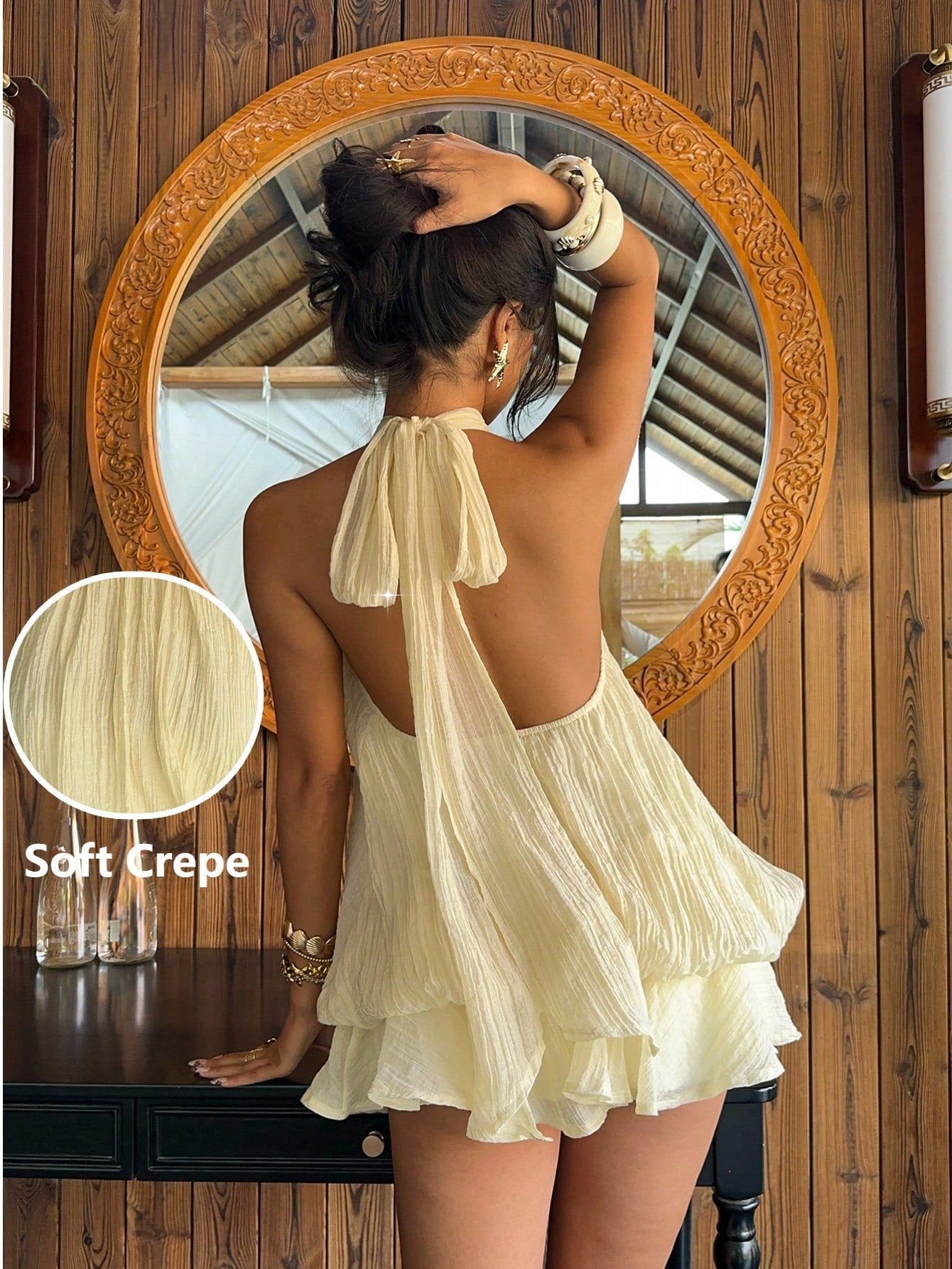 Aloruh Women's Elegant Pale Yellow Halter Tie Mini Dress, Suitable For Dates Vacation And Vacations - image 11