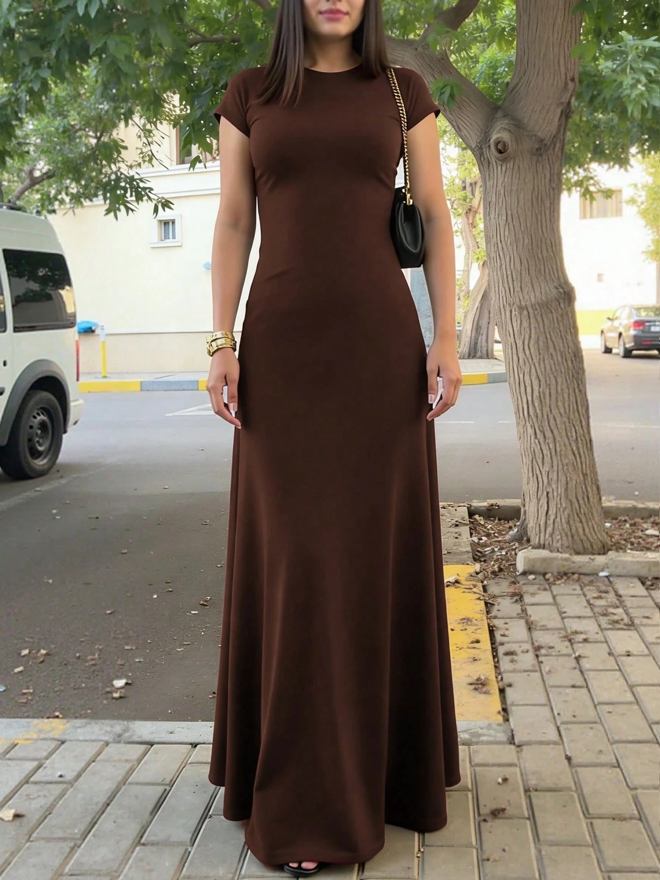 INAWLY Solva Women's Solid Color Round Neck Elegant Waist Cinched