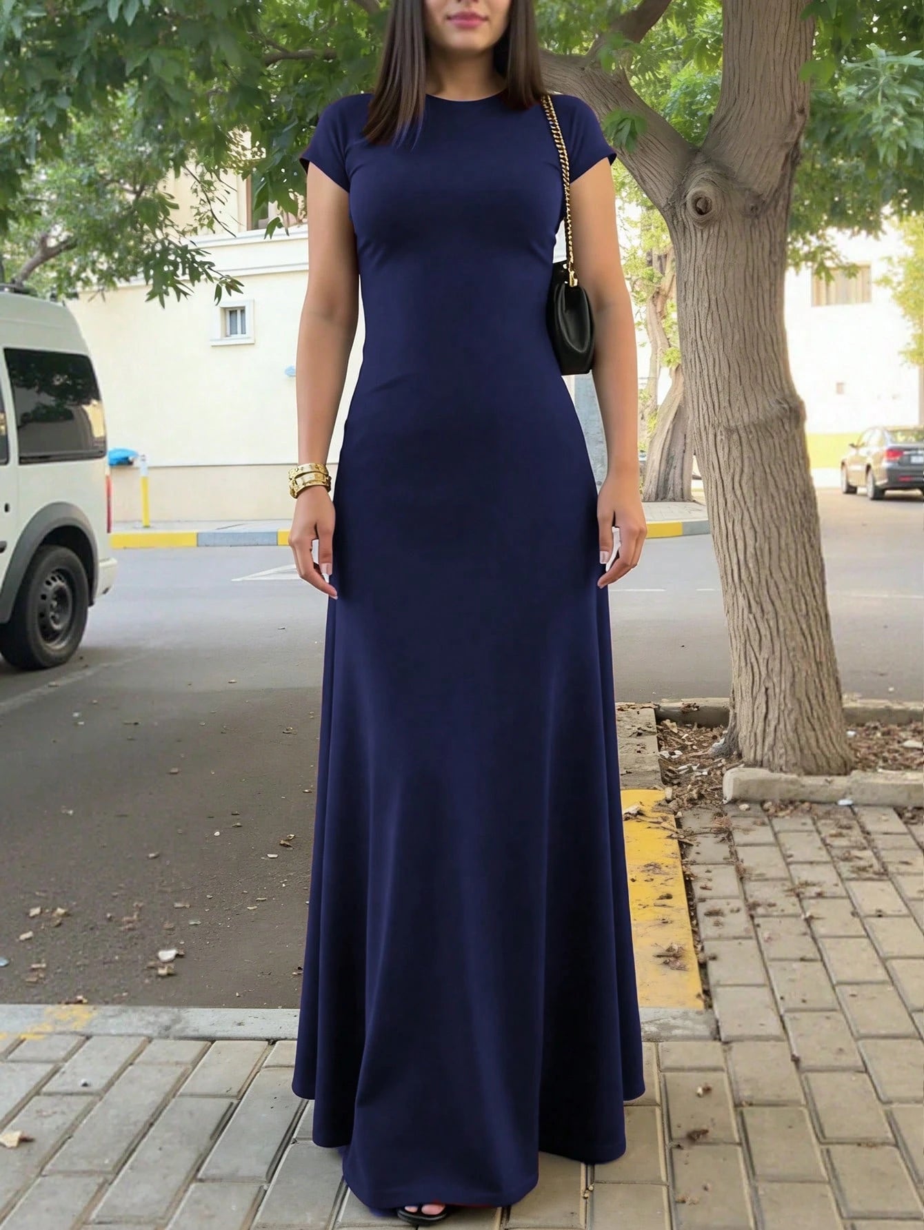 INAWLY Solva Women's Solid Color Round Neck Elegant Waist Cinched