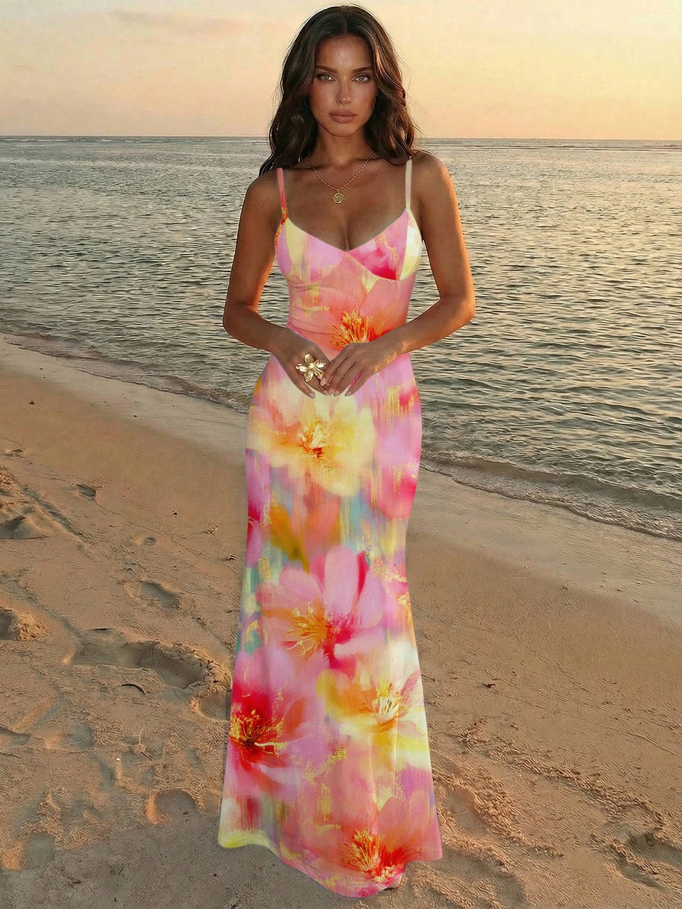 Aloruh Vacation Spaghetti Strap Tie-Up Bodycon Printed Dress For