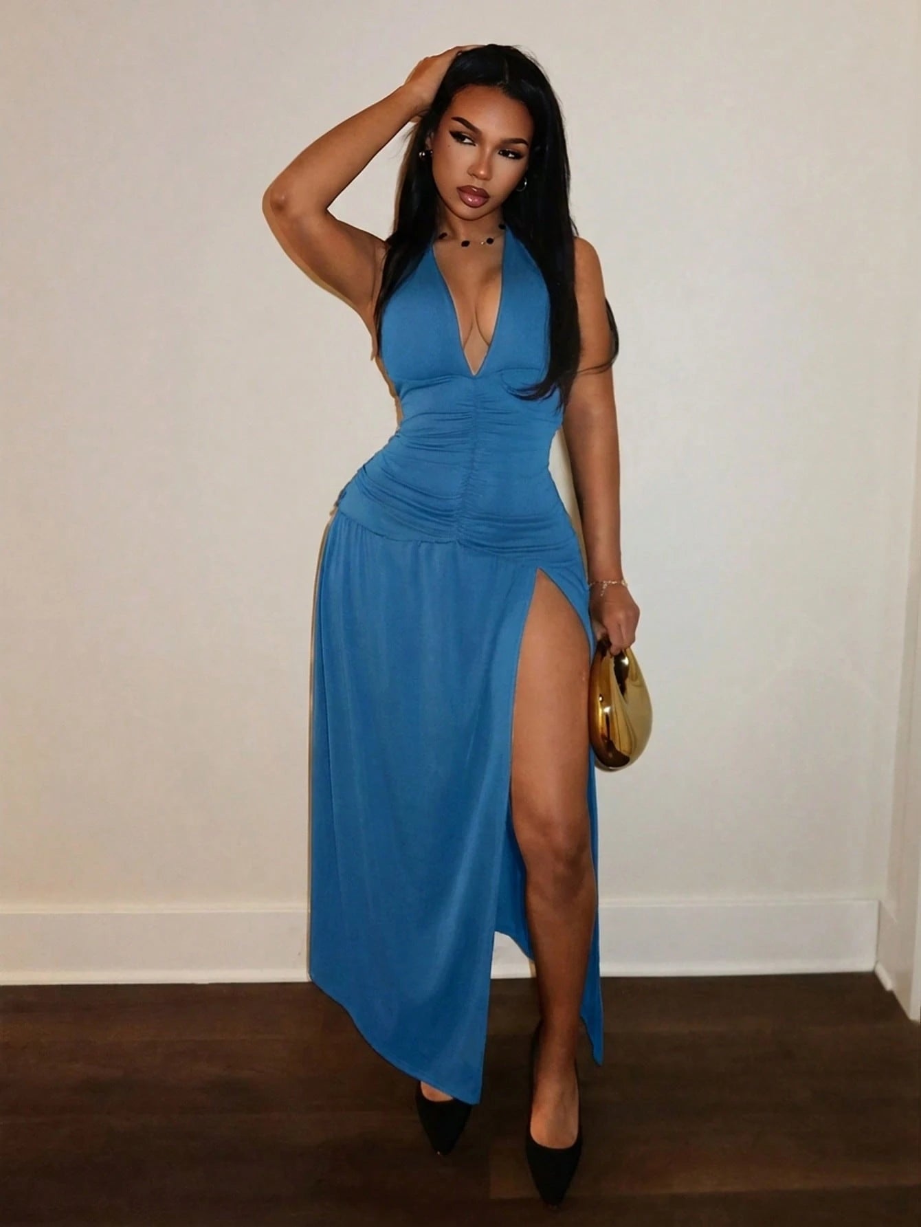 Slaydiva Elegant Romantic Sexy Party Deep V-Neck Halter Split A-Line