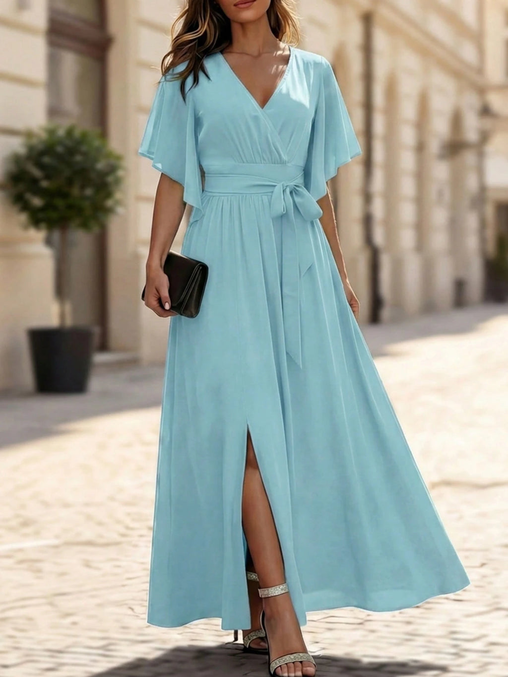 LUNE V-Neck Draped Short Sleeve Tie-Waist Dress With Side Slit For