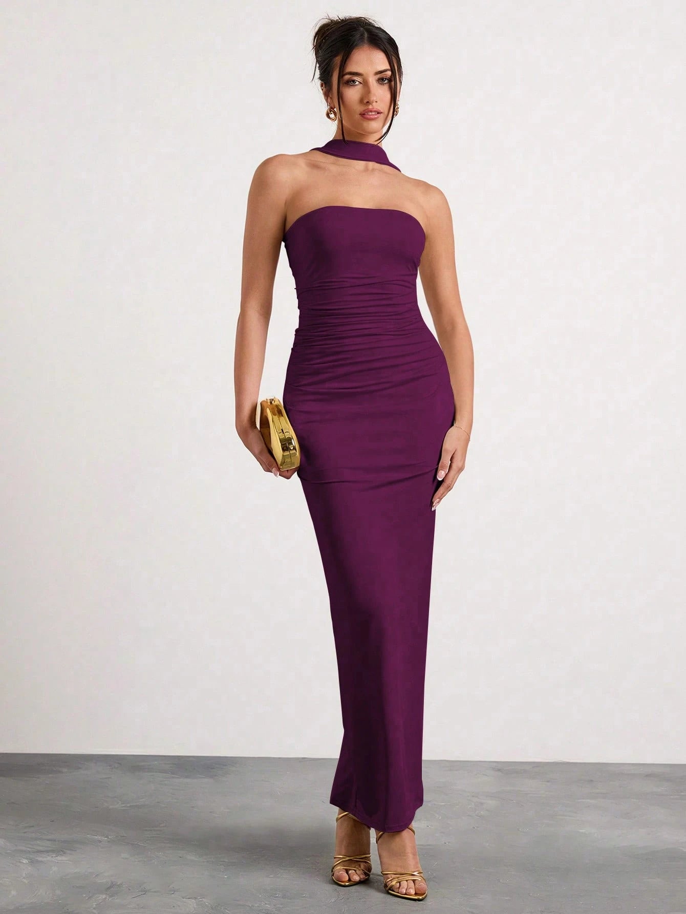Glamine Women Summer Elegant Plum Purple Sleeveless Pleated Halter