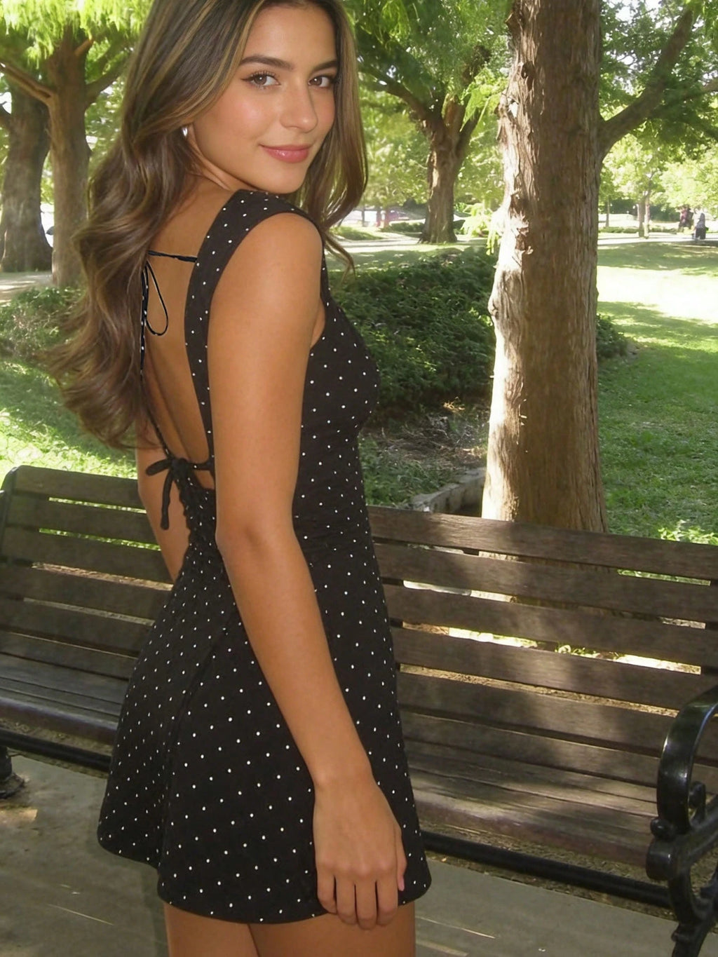 Black Polka Dot Backless Tie Strap Mini Dress Elegant Pink, French