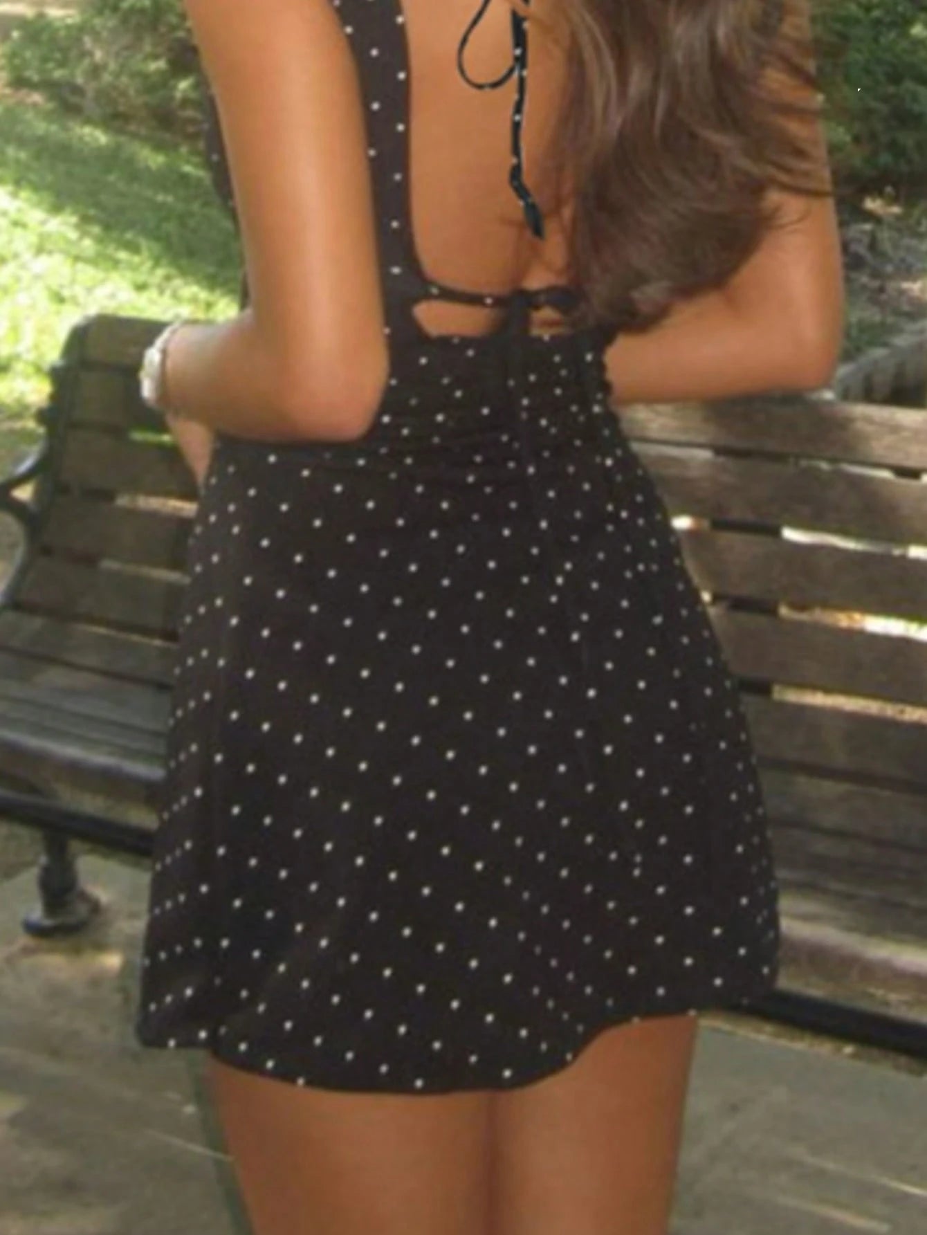 Black Polka Dot Backless Tie Strap Mini Dress Elegant Pink, French