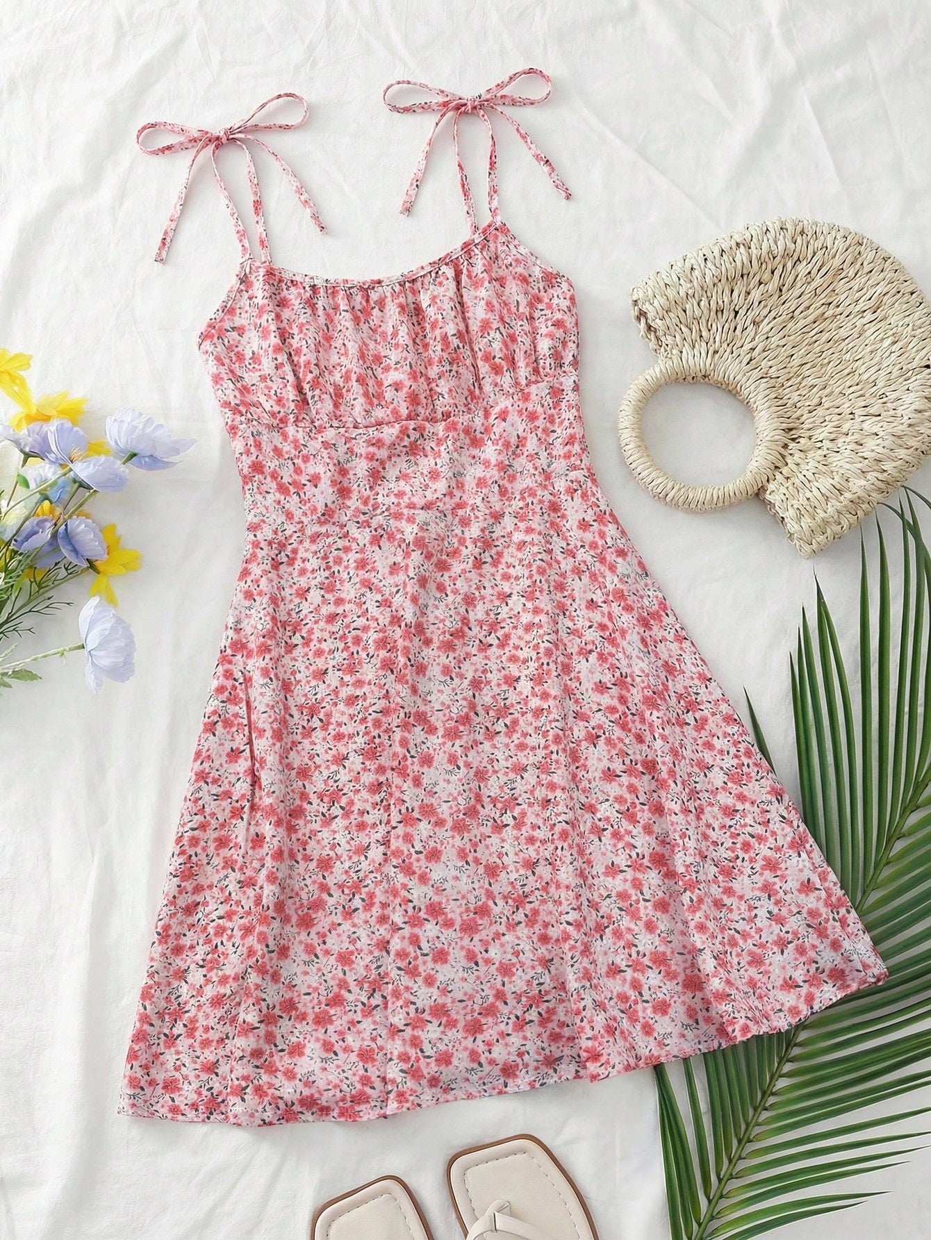 Breezaya Women's Spaghetti Strap Tie-Up Ditsy Floral Mini Dress