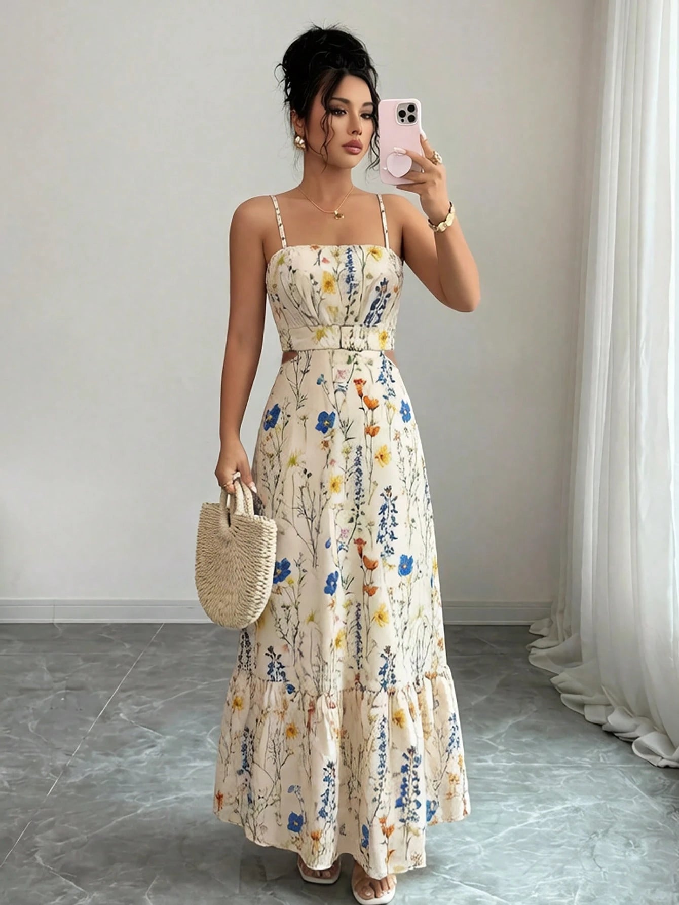 Women's Elegant Printed Waist-Cinched Long Dress