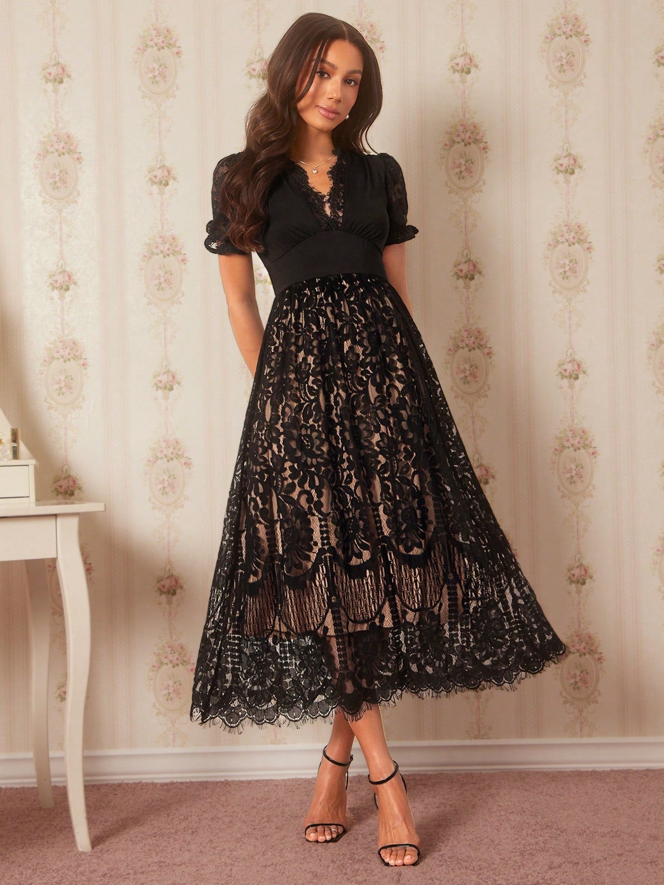 Amorya Women's Black Elastic Comfortable Knit Lace V-Neck Short Sleeve Dress Amari's Office Chic Style