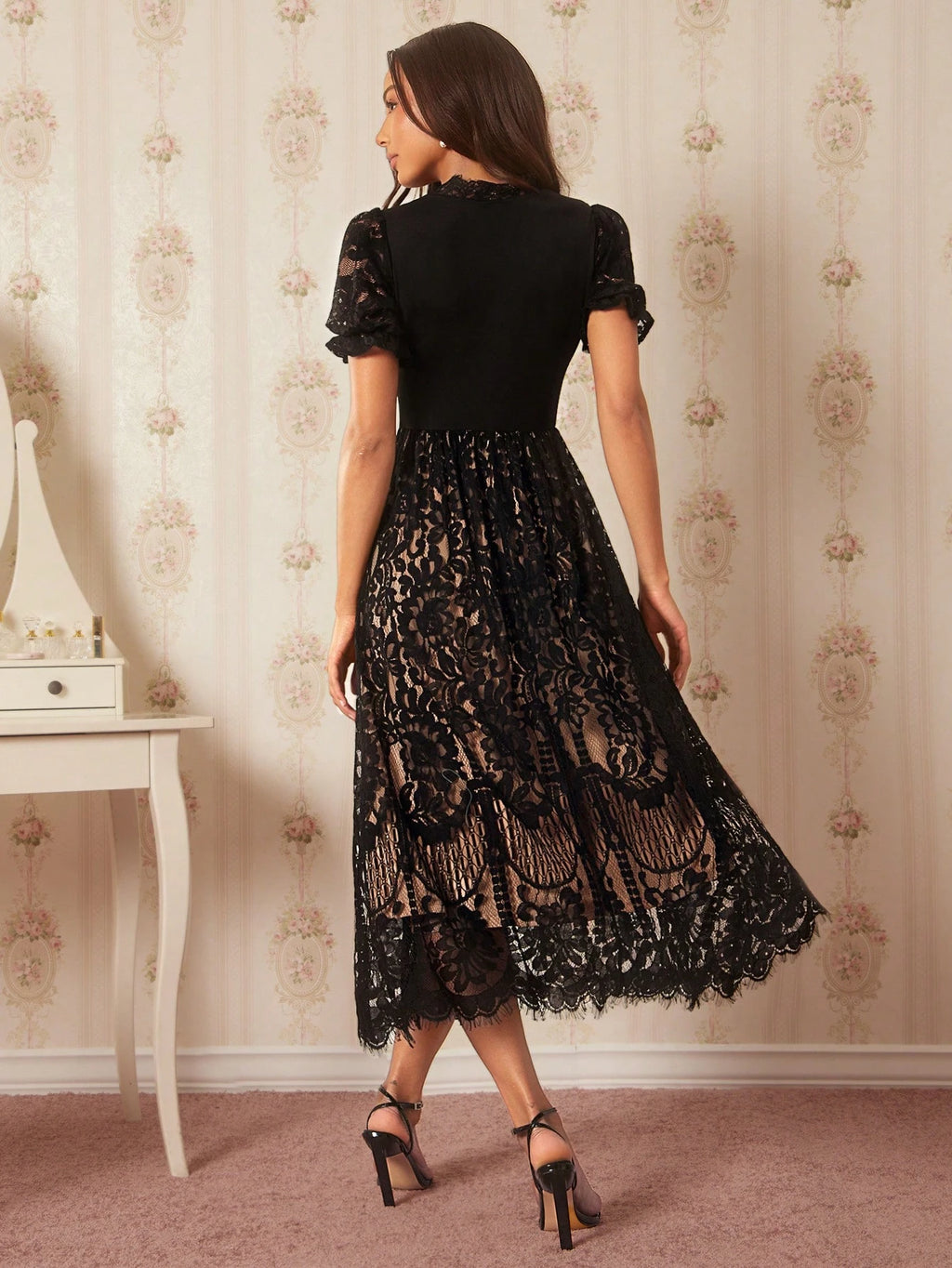 Amorya Women's Black Elastic Comfortable Knit Lace V-Neck Short Sleeve Dress Amari's Office Chic Style - image 2