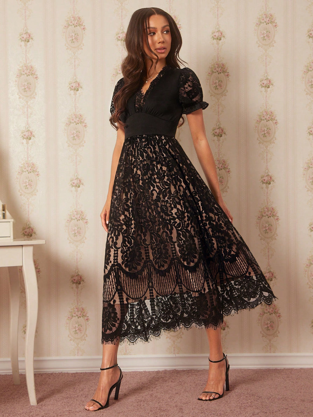 Amorya Women's Black Elastic Comfortable Knit Lace V-Neck Short Sleeve Dress Amari's Office Chic Style - image 3