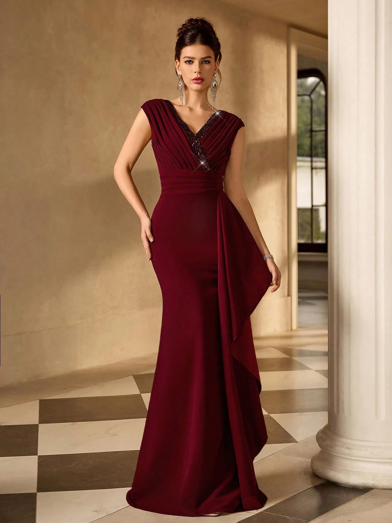 Coutiva Red Wine Winter Mal Elegant Evening Mal Mother Of The Bride Dress,Sequin V-Neck Mermaid Hem Banquet - image 6