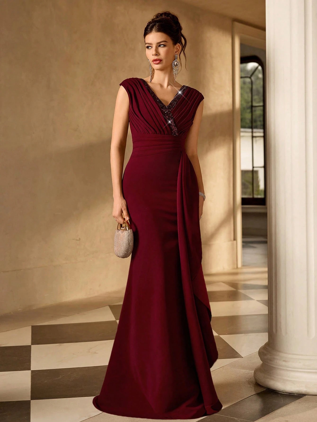 Coutiva Red Wine Winter Mal Elegant Evening Mal Mother Of The Bride Dress,Sequin V-Neck Mermaid Hem Banquet - image 3