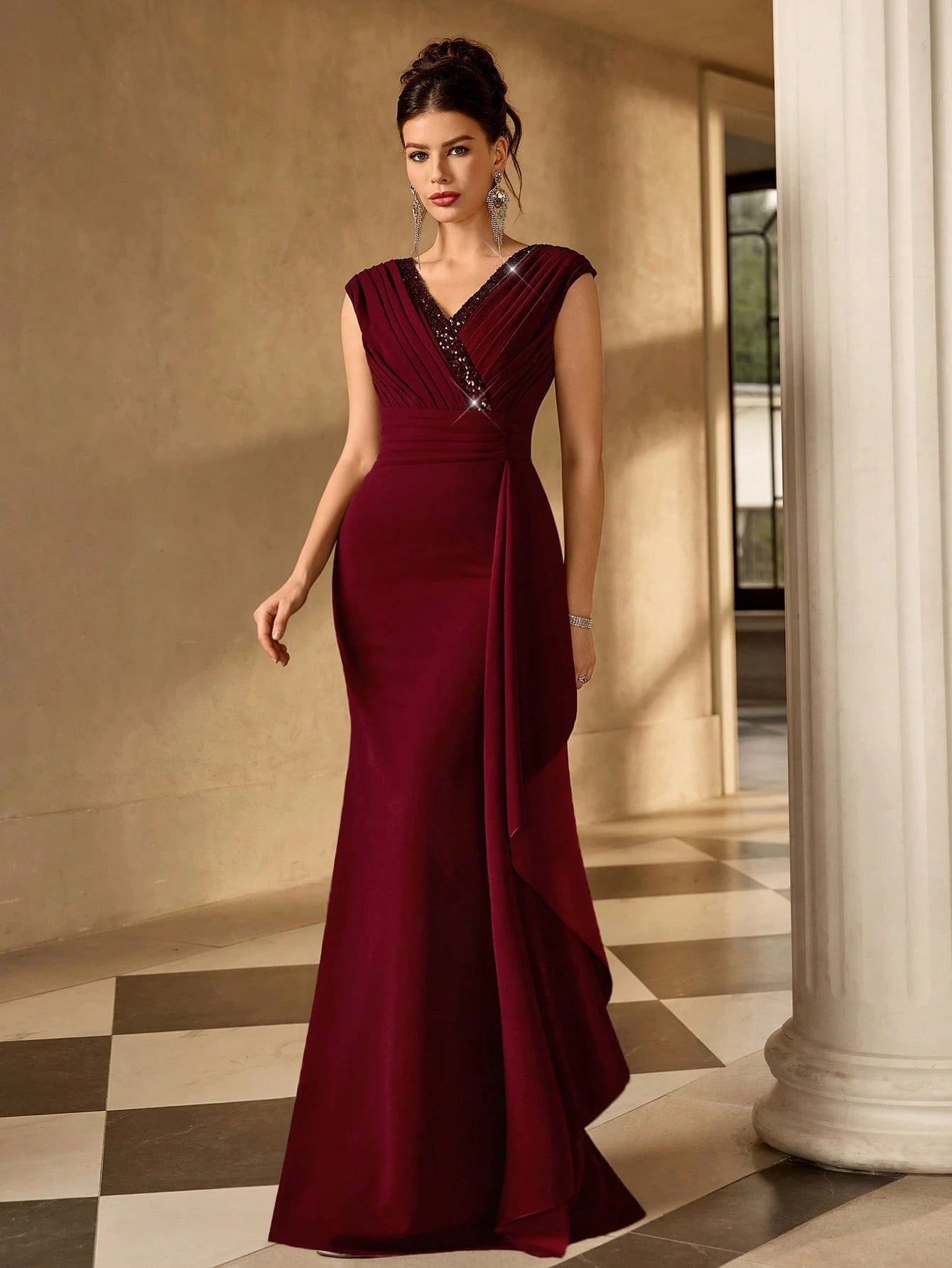 Coutiva Red Wine Winter Mal Elegant Evening Mal Mother Of The Bride Dress,Sequin V-Neck Mermaid Hem Banquet - image 4