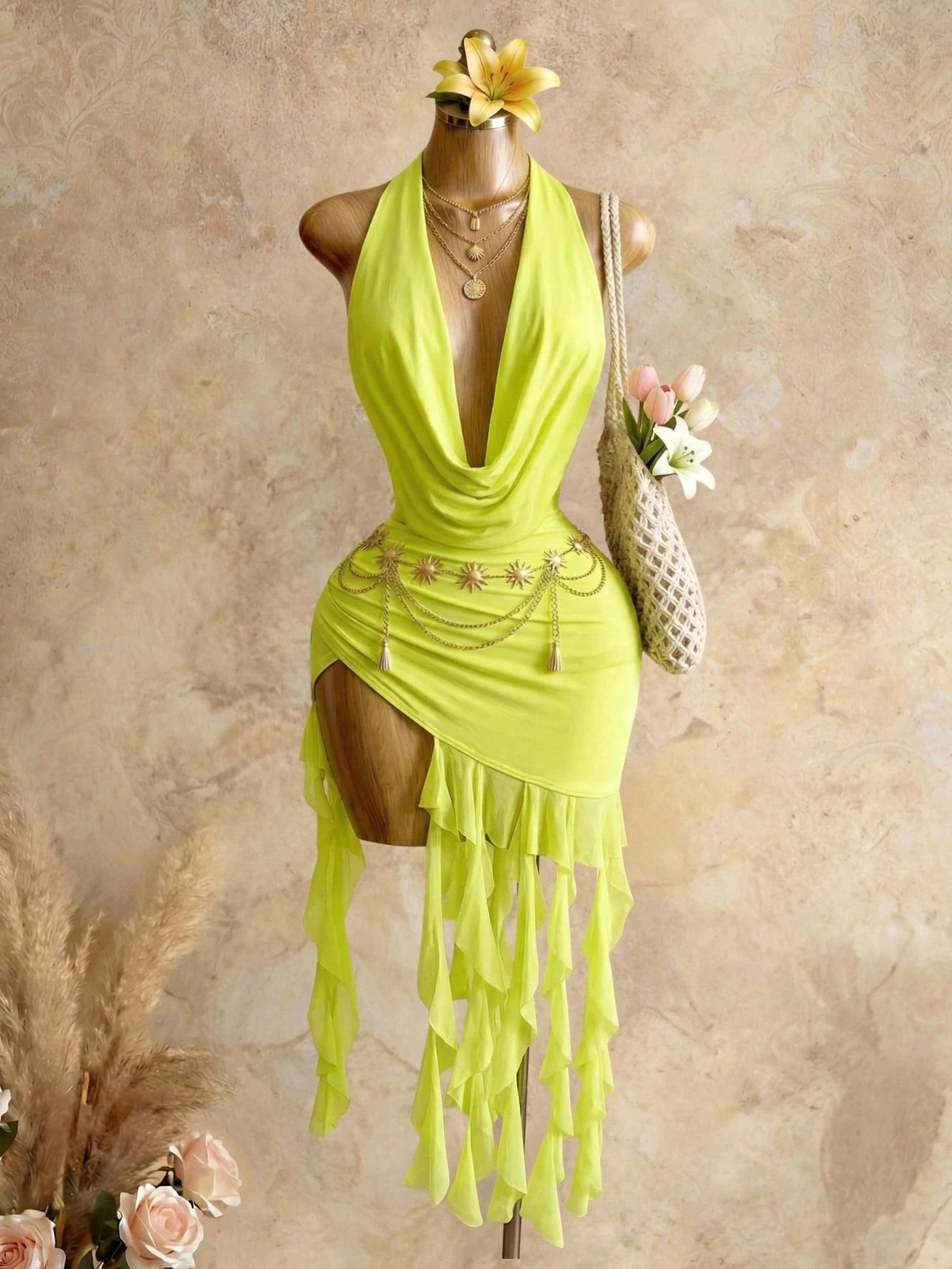 Mistrie Women's Bohemian Vacation-Style Sexy Halter Bodycon Dress