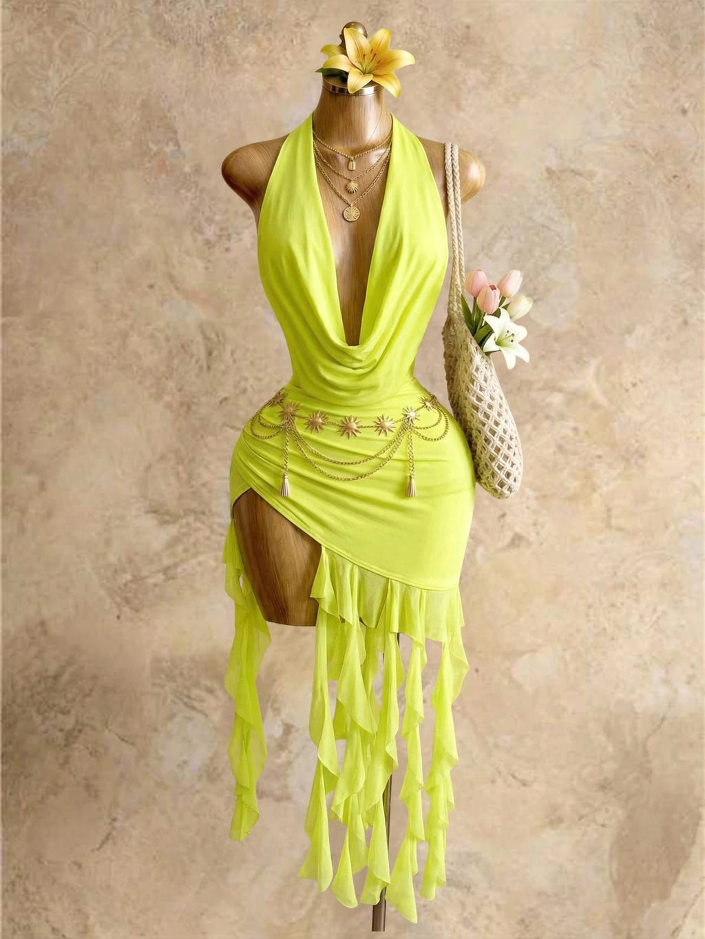 Mistrie Women's Bohemian Vacation-Style Sexy Halter Bodycon Dress