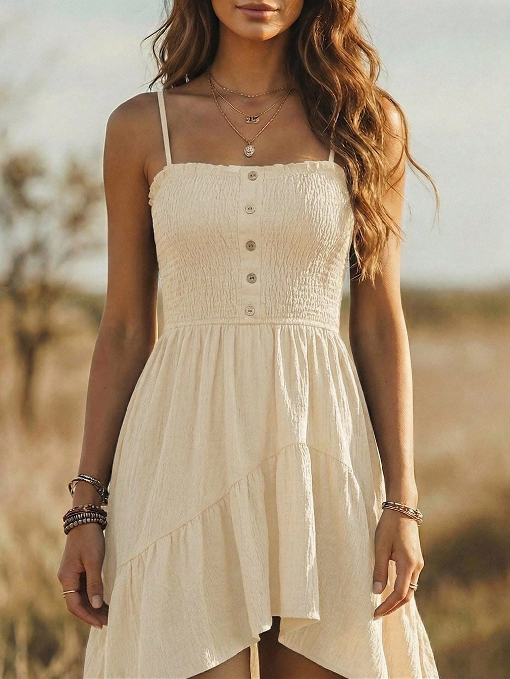 Balvessa Bohemian Style Casual Vacation Front Short Back Long Cinched