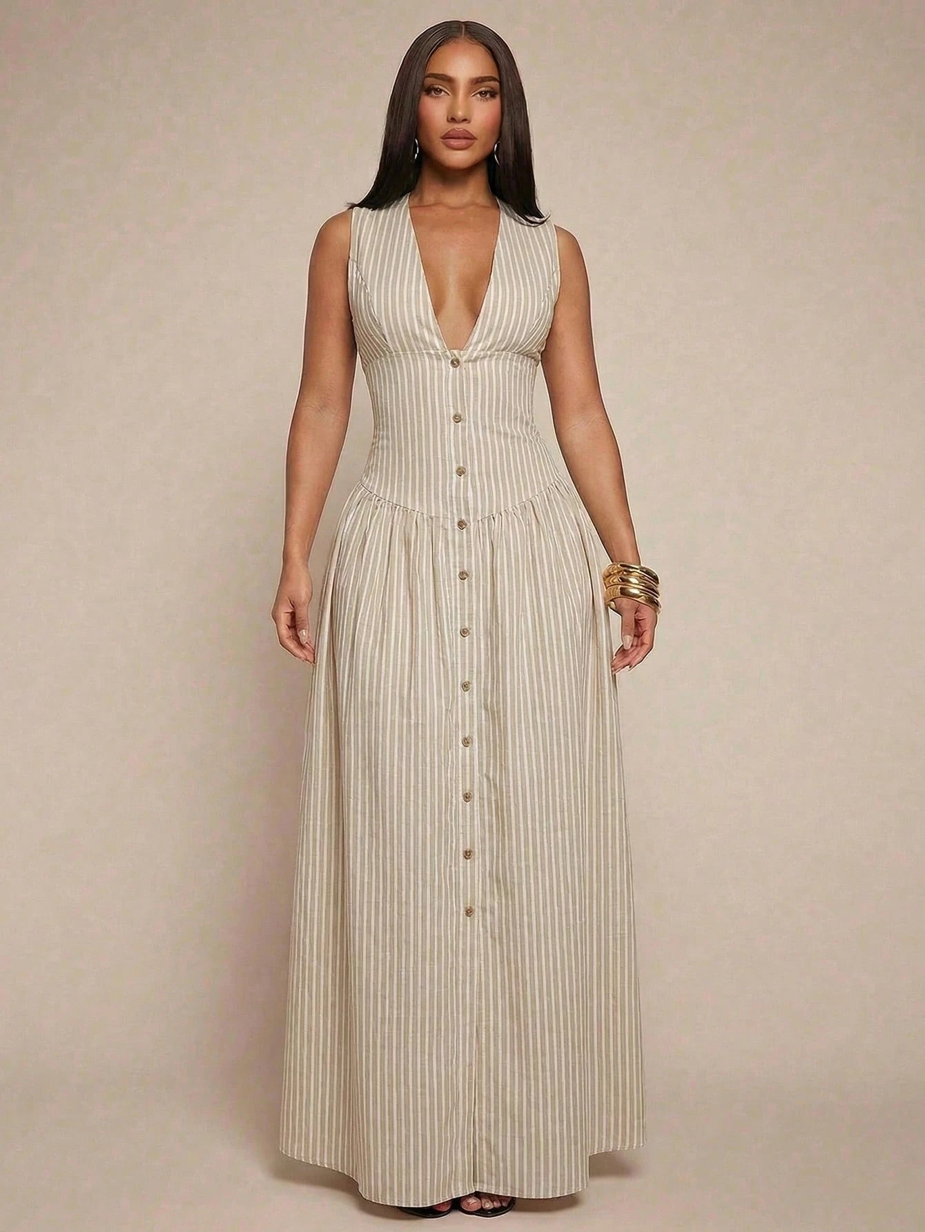 Radiana Women's Elegant Minimalist Khaki Linen-Look V-Neck Sleeveless Dress, Waist-Cinched Dress, - image 3