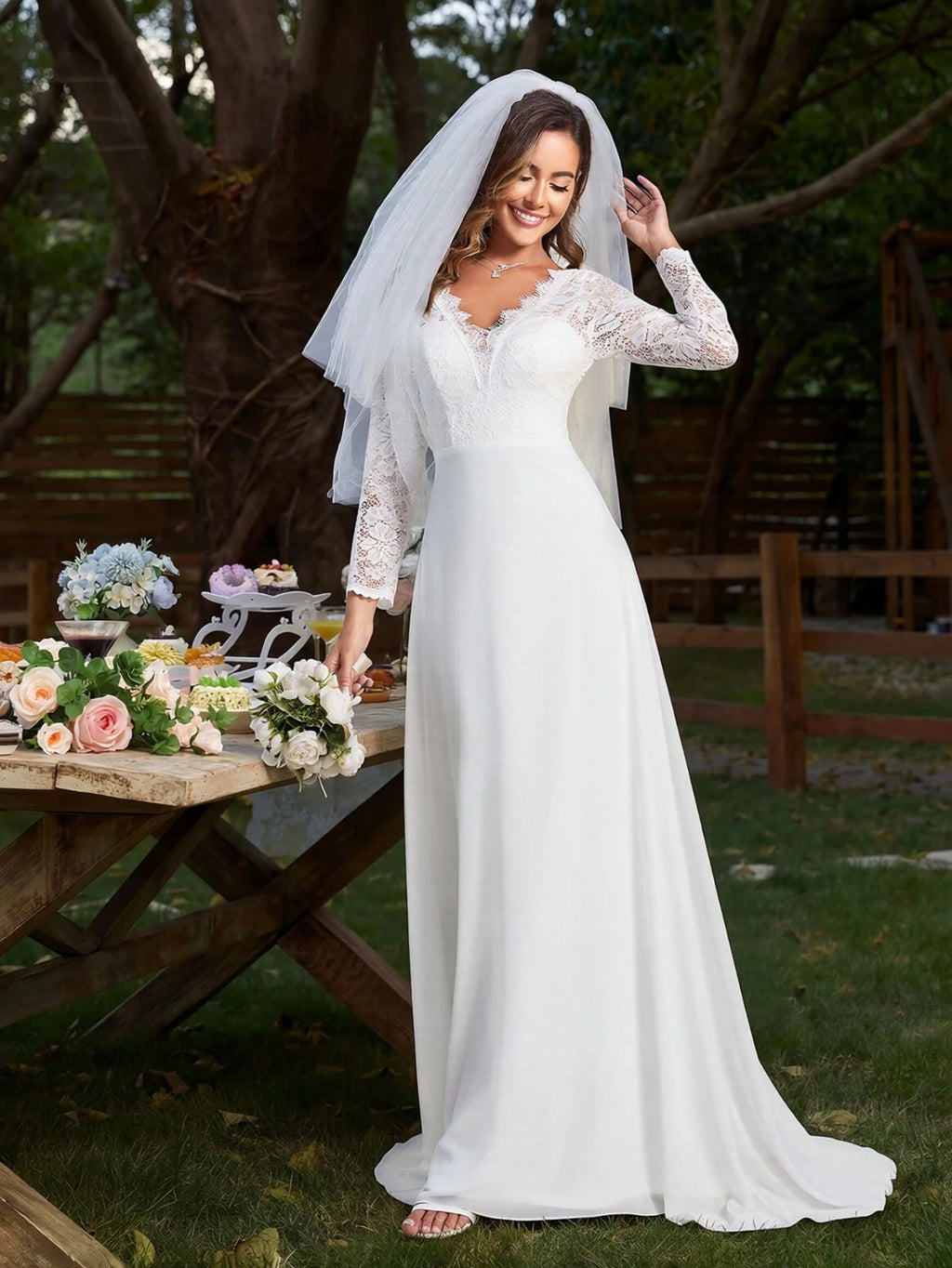 EVERPRETTY Contrast Color Lace V-Neck Floor-Length Wedding Dress With Train, White Elegant Long Sleeve Bridal - image 9