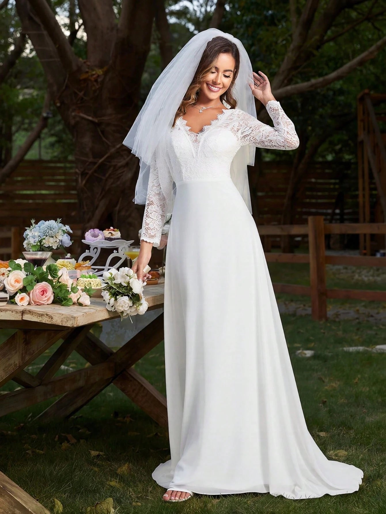 EVERPRETTY Contrast Color Lace V-Neck Floor-Length Wedding Dress With Train, White Elegant Long Sleeve Bridal - image 9