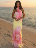 Aloruh Women's Floral Print Backless Halter Fitted Dress, Pink And Yellow Summer Tropical Beach Vacation