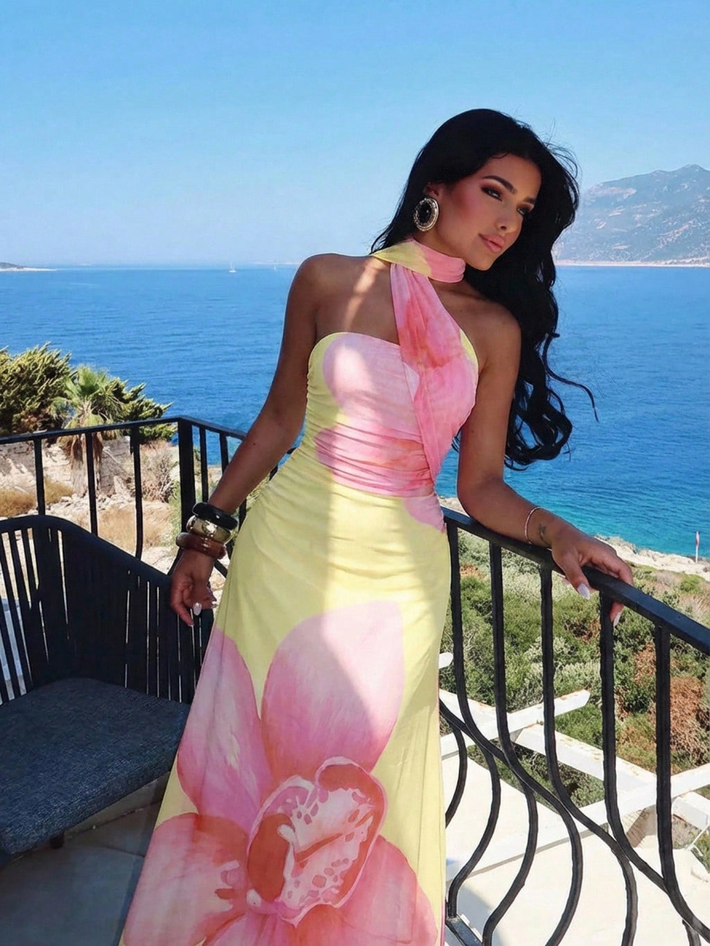 Aloruh Women's Floral Print Backless Halter Fitted Dress, Pink And Yellow Summer Tropical Beach Vacation - image 8