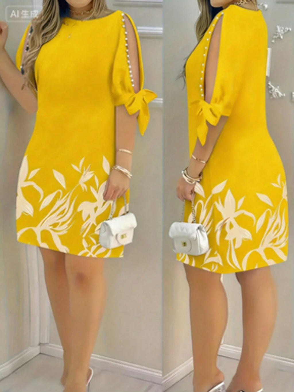 Floral Print Ruffle Sleeve Faux Pearl Embellished Women's Dress,
