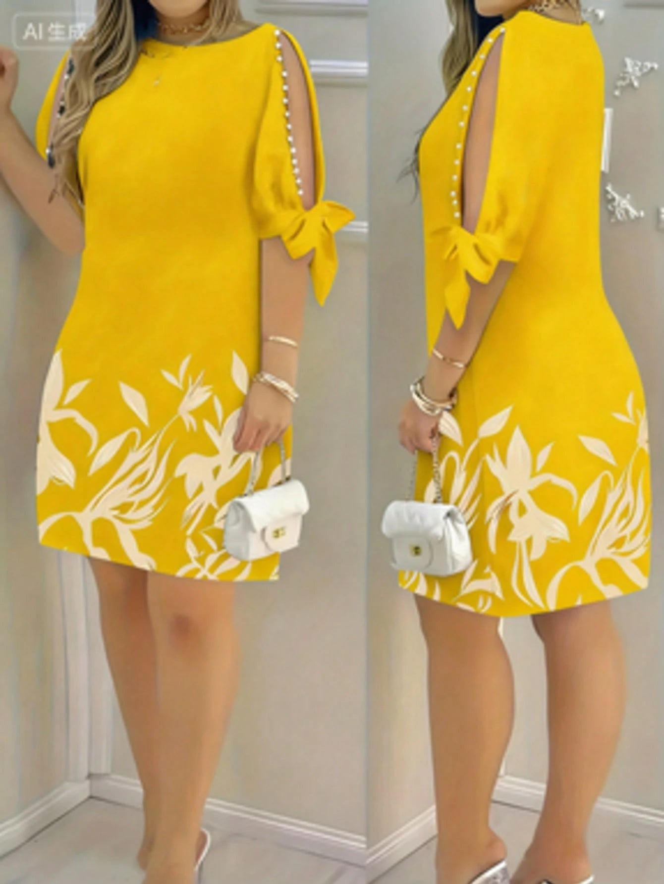Floral Print Ruffle Sleeve Faux Pearl Embellished Women's Dress,