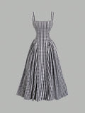 Sweetra French Romantic Plaid Flared Skirt Sweet Puff Dress Spaghetti