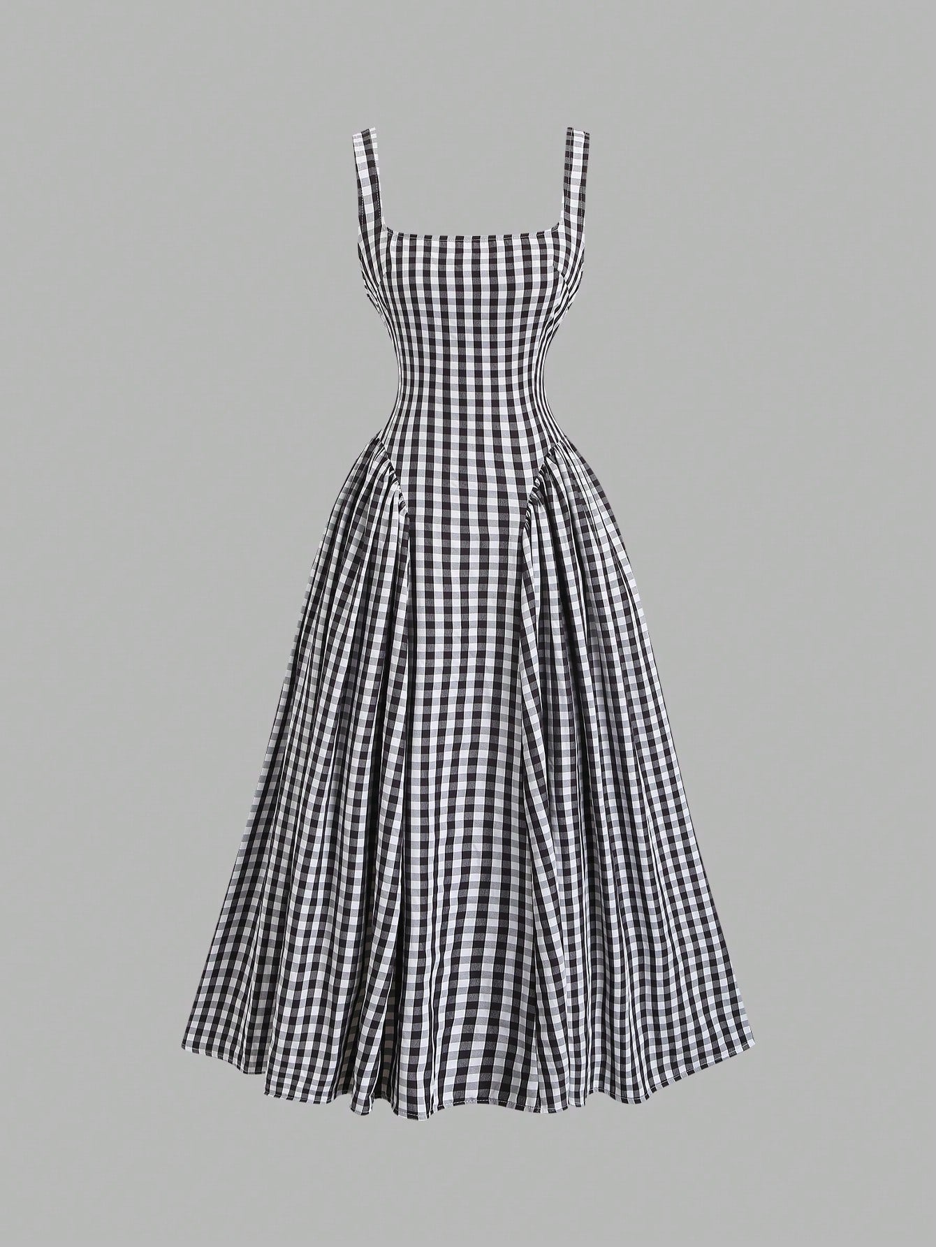 Sweetra French Romantic Plaid Flared Skirt Sweet Puff Dress Spaghetti
