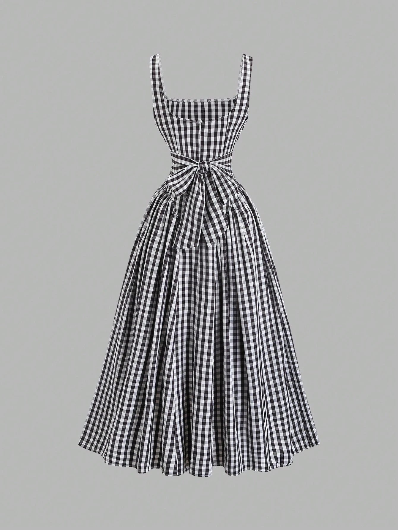 Sweetra French Romantic Plaid Flared Skirt Sweet Puff Dress Spaghetti