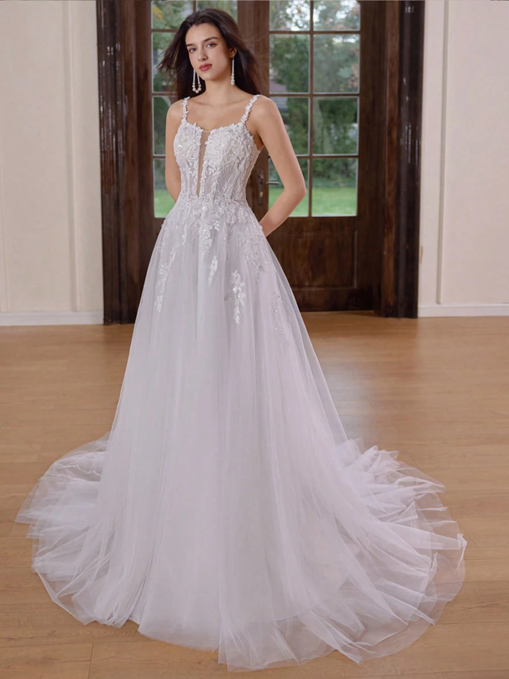 Elegant Long Formal Gown, Wedding Dress With Long Sleeves, Round Neck, Mesh Fabric, Floral Applique And - image 6