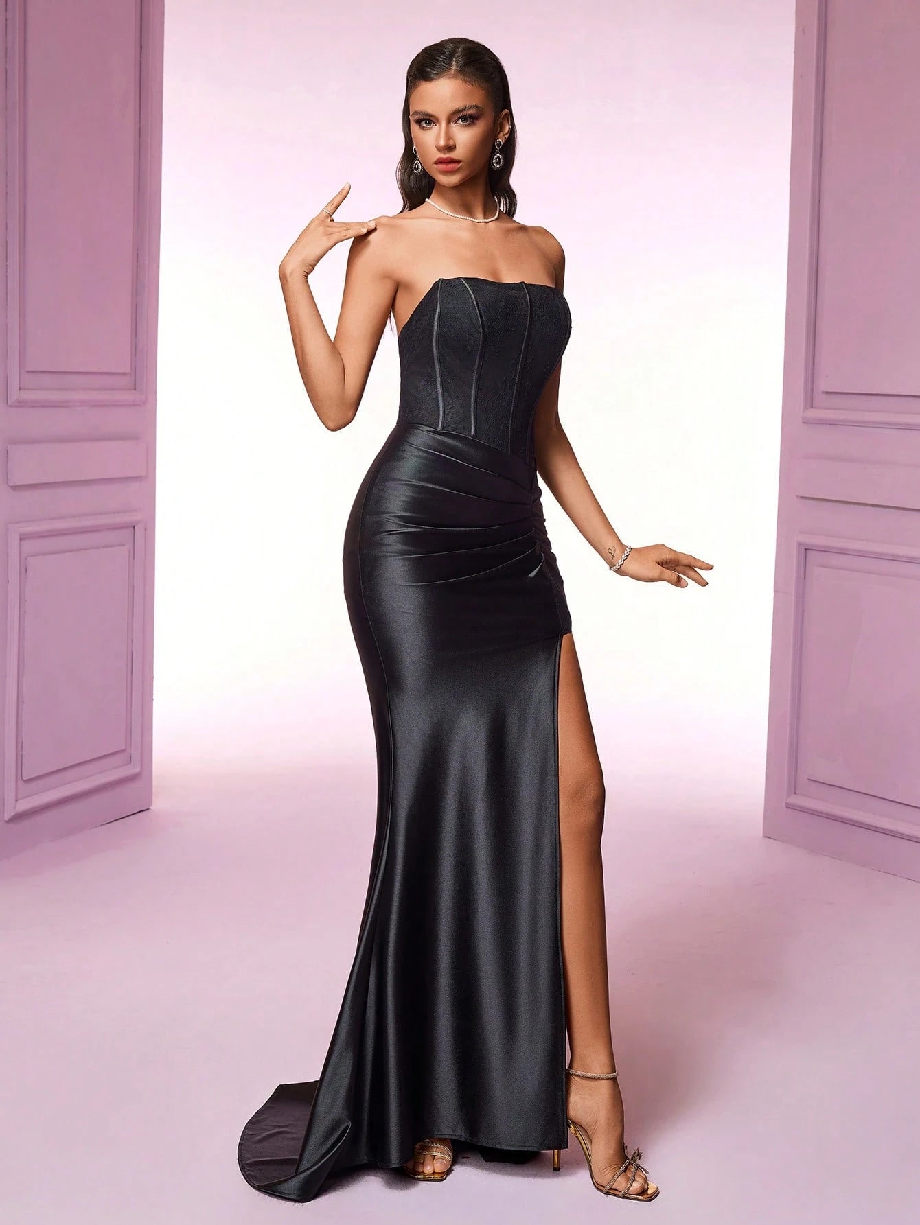VIPGIRL Fashion Women's Strapless Side Slit Hem Bridesmaid Dress, Holiday, Date Night, Evening Party,