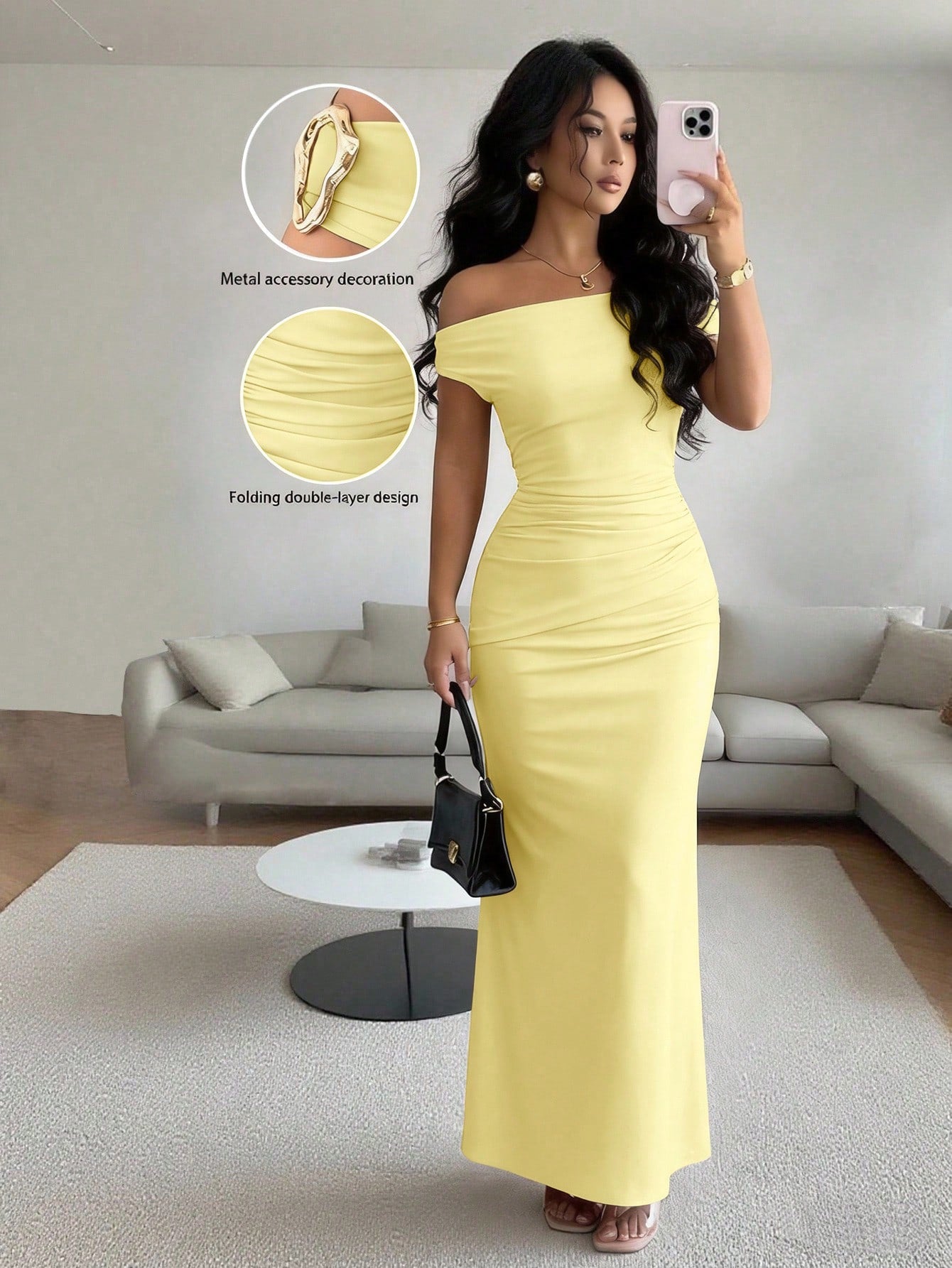 Rafferiza Elegant Ruched Off-Shoulder Metallic Accent Fitted Party