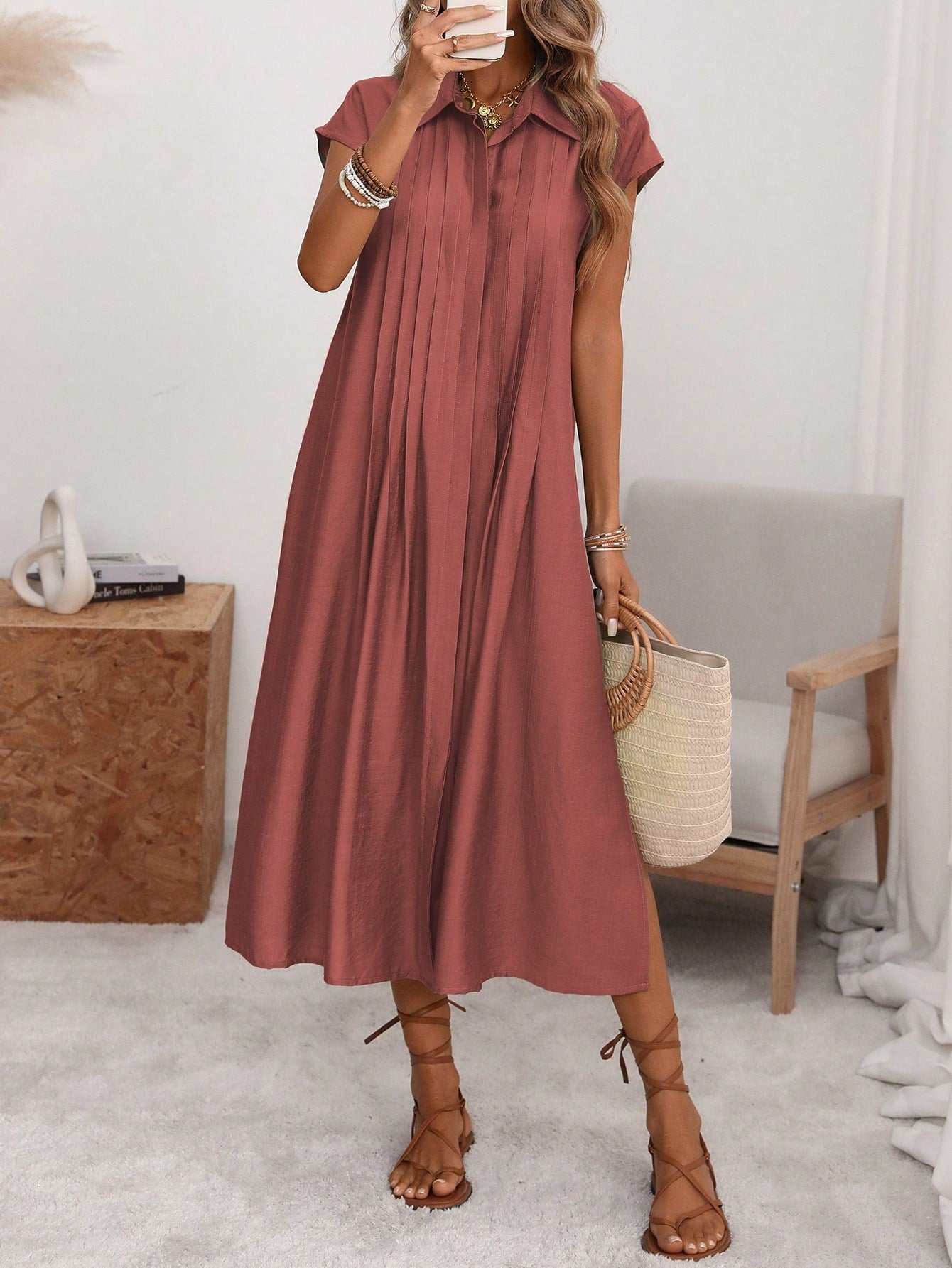 Florisole Women's Shirt Collar Button Down Loose Midi Dress,Sage