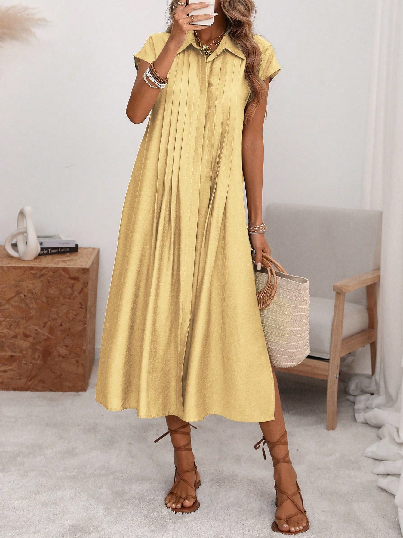 Florisole Women's Shirt Collar Button Down Loose Midi Dress,Sage