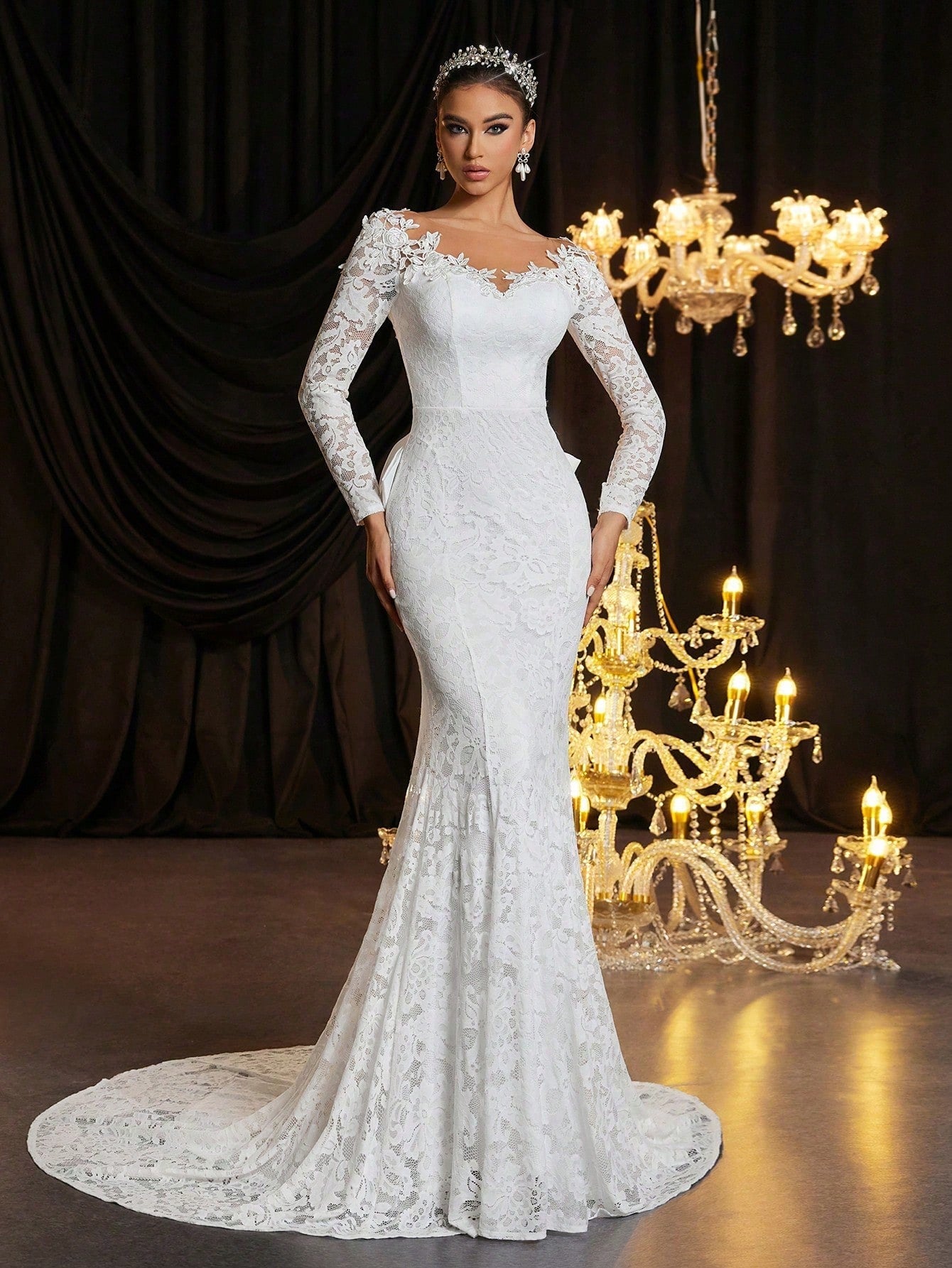 Glamrae Petite White Winter Elegant Silky Wedding Dress Petite Fit 150-160cm Full Lace Floral Sheer Long - image 8