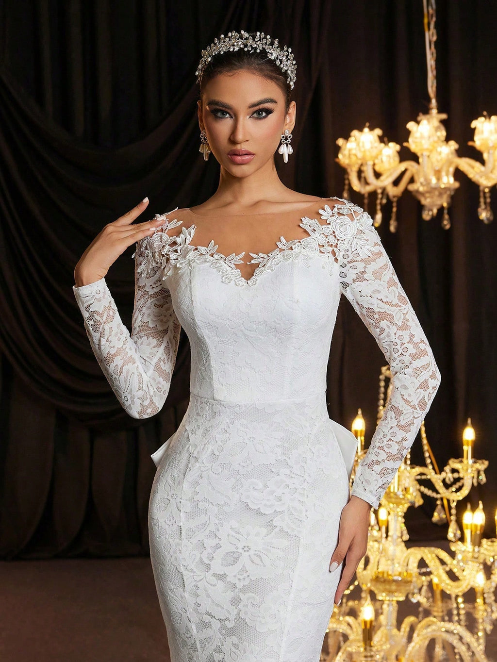 Glamrae Petite White Winter Elegant Silky Wedding Dress Petite Fit 150-160cm Full Lace Floral Sheer Long - image 6