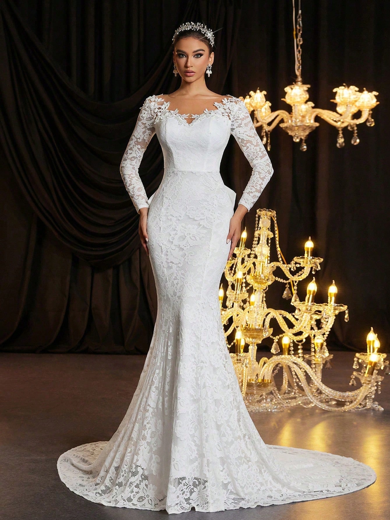 Glamrae Petite White Winter Elegant Silky Wedding Dress Petite Fit 150-160cm Full Lace Floral Sheer Long - image 7